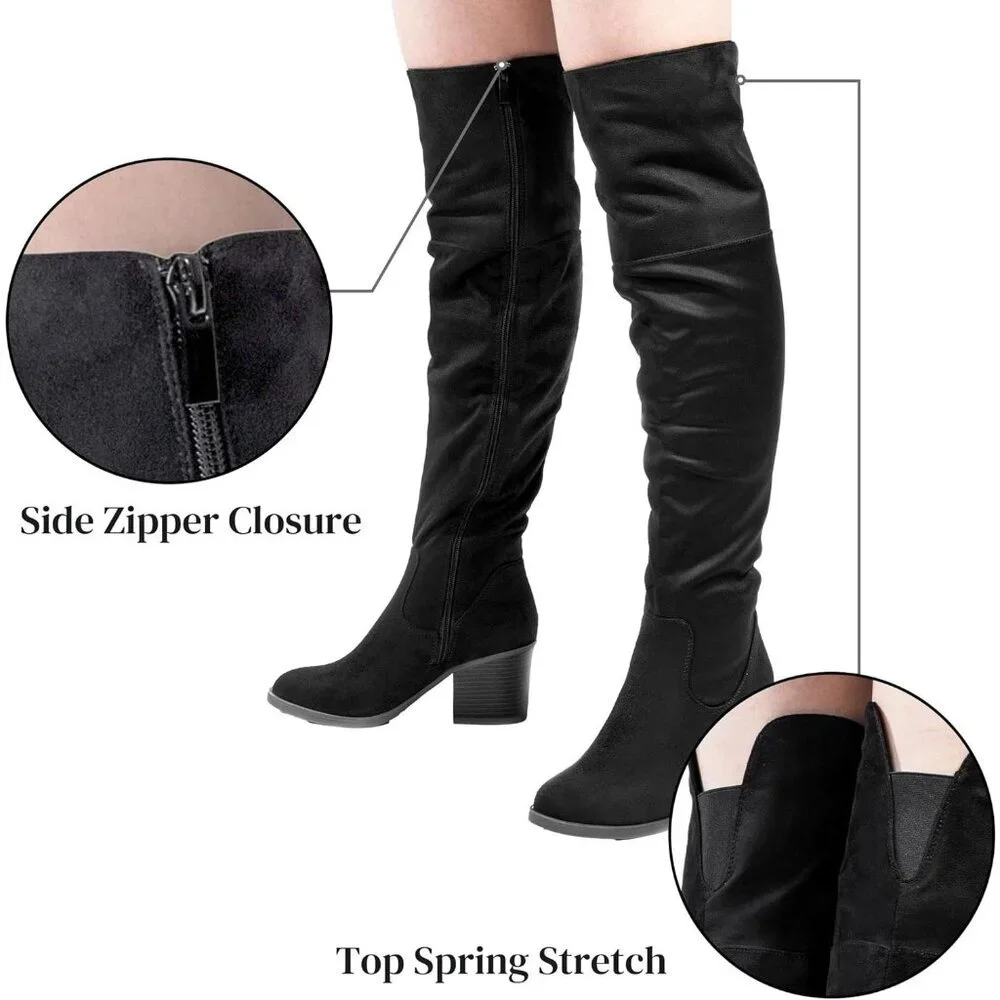 Women's Black Thigh High Boots Stacked Block Heel Over The Knee Boots Rubber